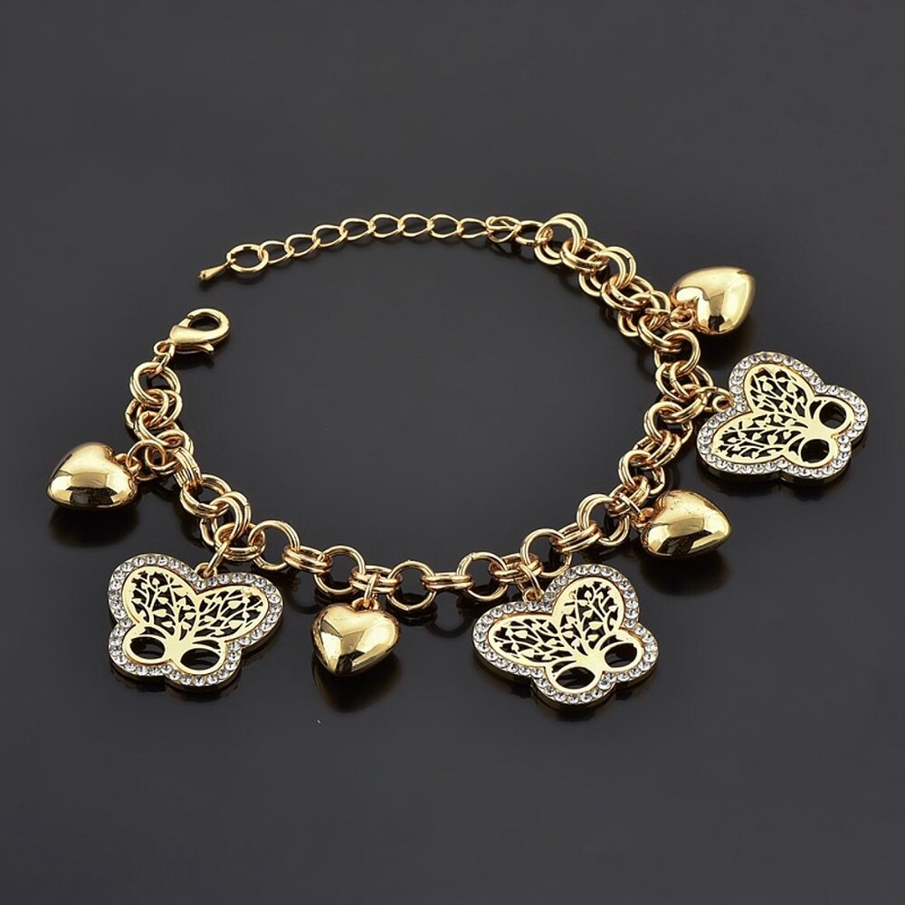 Gold-Plated Butterfly & Heart Charm Bracelet with Crystal Accents